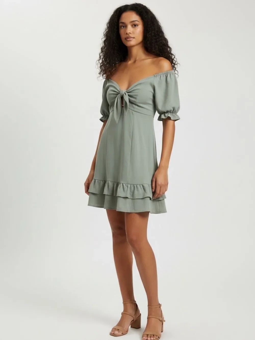 Double Zero Puff Sleeve Mini Dress in Sage